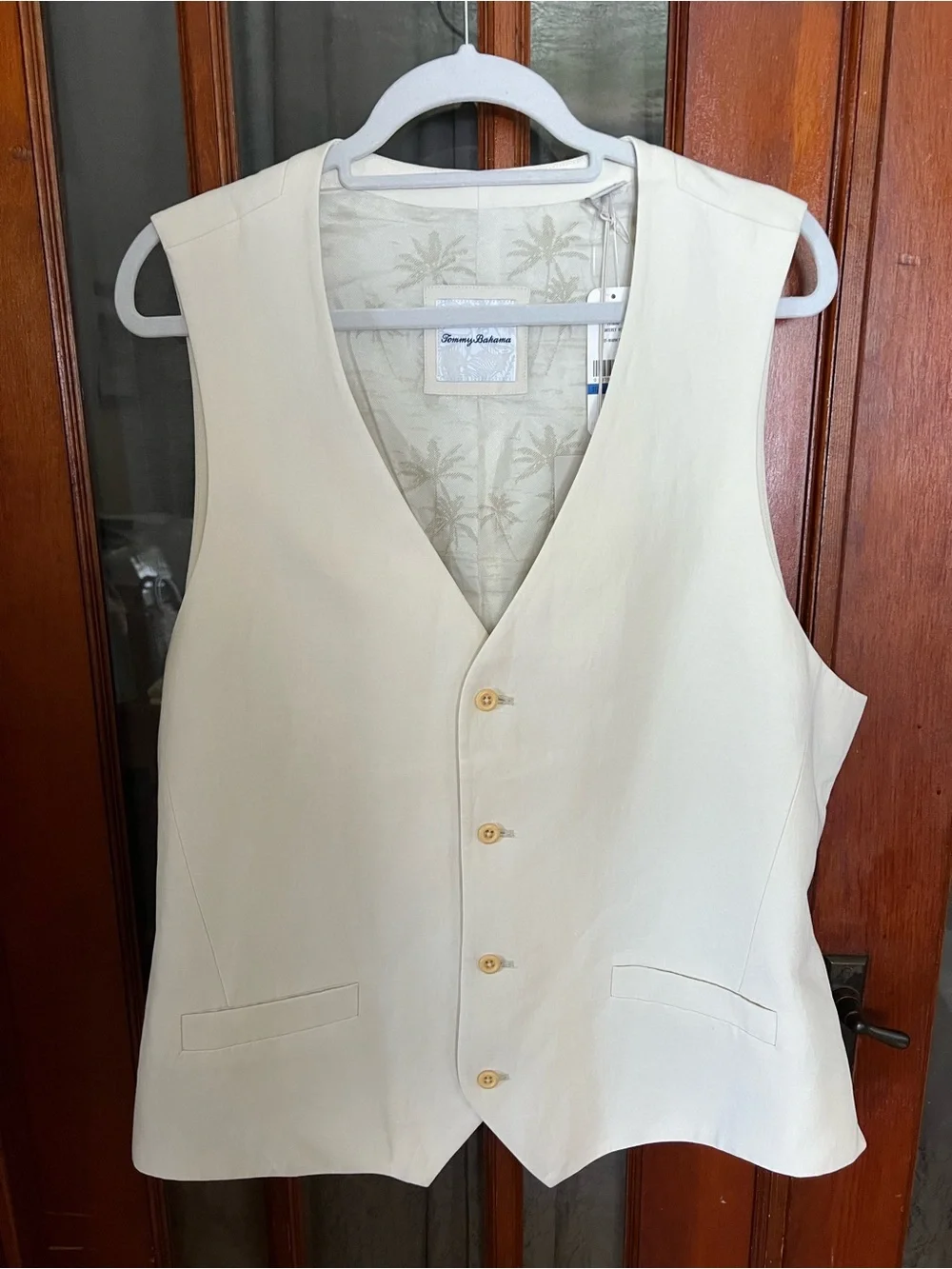 Tommy Bahama Monterey Vest Warm Sand Cream Linen Blend with Palm-Print Lining